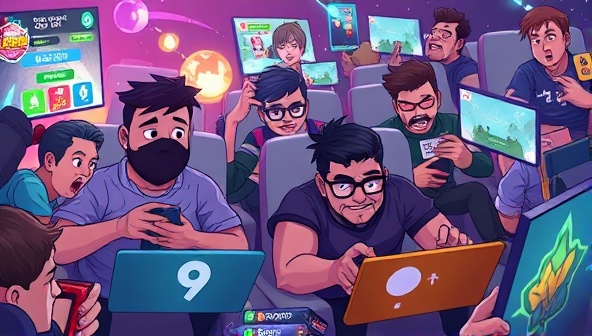 An animated scene showing players engaged in intense skill-based gaming competitions on various devices, with competitive energy and focus exuding from the digital environment, capturing the essence of SkillStack's dynamic gameplay.