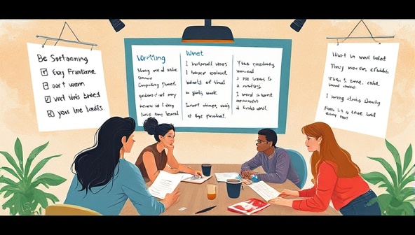 An artistic depiction of a virtual creative writing workshop session with participants engaged in brainstorming ideas, sharing feedback on writing pieces, and interacting with the workshop facilitator, creating a vibrant and collaborative writing environment.
