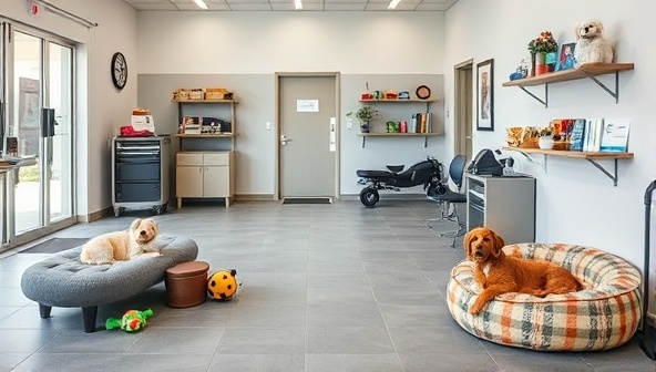 An automotive wellness center waiting area with cozy pet beds, toys, and grooming supplies, showcasing a pet-friendly environment where furry companions can relax and enjoy pampering while their owners attend to vehicle maintenance.