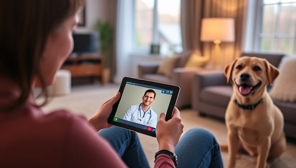 A cozy living room setting with a pet owner holding a tablet, video chatting with a smiling veterinarian on the screen, while a happy dog sits nearby, showcasing the convenience and comfort of virtual pet consultations at home.