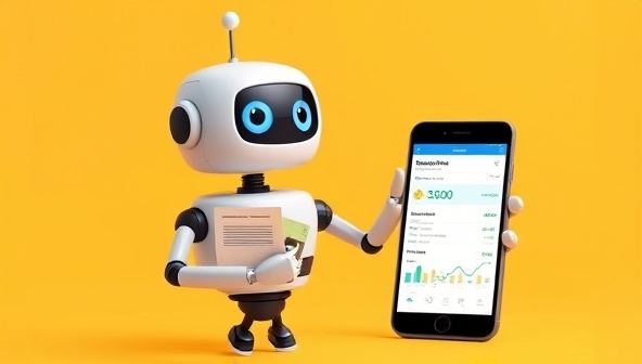 An animated depiction of a robot assistant organizing receipts, scanning documents, and analyzing spending habits on a smartphone screen, representing the automated expense tracking capabilities of ExpenseBot Tracker.