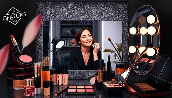 A digital makeup studio setup with a professional makeup artist demonstrating techniques on a virtual platform, surrounded by a variety of makeup products, brushes, and mirrors, creating a glamorous and interactive beauty experience for clients.