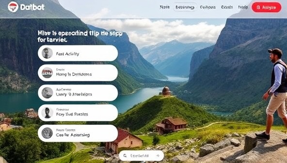 An engaging chatbot interface showcasing an adventurous travel scene with interactive buttons for selecting activities, destinations, and travel preferences, illustrating a seamless and personalized trip planning experience powered by AI technology.
