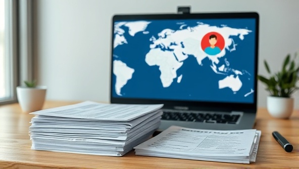 A modern workspace setup with a laptop, a stack of tax forms, a virtual meeting interface on the screen, and a map in the background symbolizing remote tax compliance assistance for global clients.
