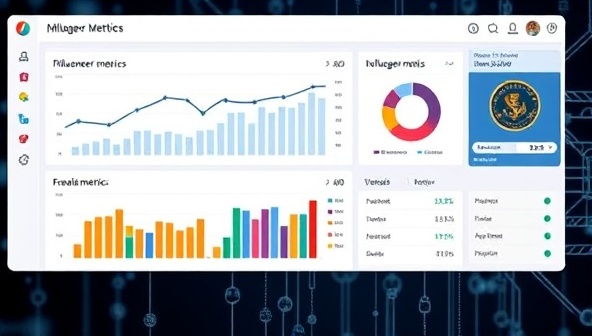 A digital dashboard displaying data analytics and influencer metrics, with algorithms visualized in the background, symbolizing the sophisticated matching process of the platform and its data-driven approach to influencer marketing.