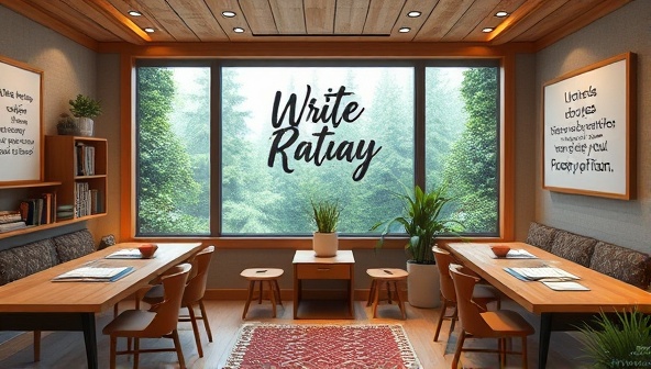 An immersive digital depiction of a virtual writing retreat setting, featuring a tranquil virtual environment with writing desks, cozy nooks, and inspirational quotes, creating a serene and focused space for participants to unleash their creativity and connect with fellow writers at WriteAway Haven.