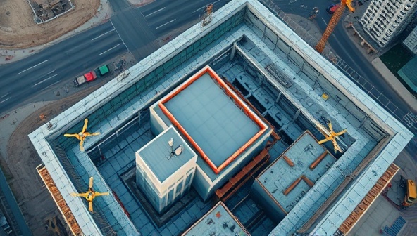 An aerial view of a construction site with drones and IoT sensors in action, capturing real-time data on progress and activities, showcasing the innovative and tech-driven approach of SiteWatch Innovations in construction site monitoring.
