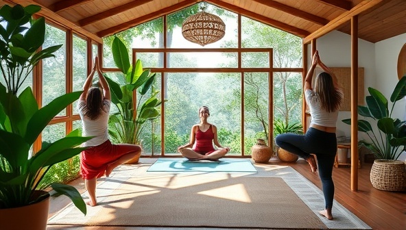 A serene virtual retreat setting with lush greenery, calming decor, and individuals participating in yoga poses and meditation practices via video call, creating a tranquil and immersive wellness atmosphere.