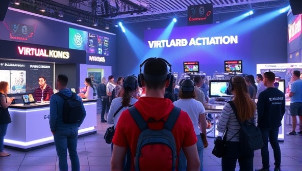 An artistic rendering of a virtual brand activation event featuring interactive booths, branded digital avatars, and engaging gamification elements, creating a dynamic and immersive virtual experience for attendees, symbolizing the innovative and futuristic nature of brand activations on the platform.