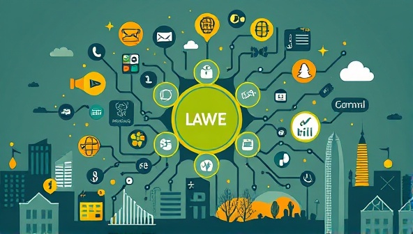 A dynamic hive-like graphic symbolizing interconnected digital marketing channels and collaborative efforts among diverse local businesses, surrounded by digital icons and community landmarks, representing synergy and collective growth in the digital landscape.