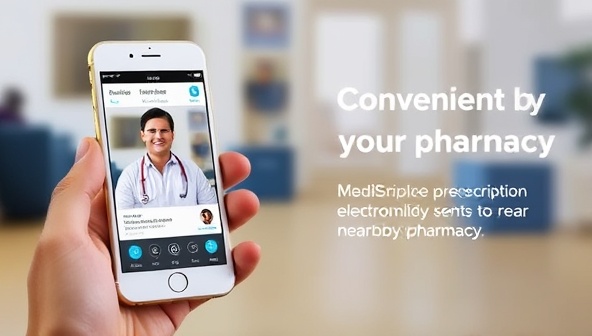 An engaging visual featuring a smartphone with the MediScript Telecare app open, showing a virtual consultation between a patient and a healthcare provider, with a prescription being electronically sent to a nearby pharmacy, highlighting convenience and accessibility.