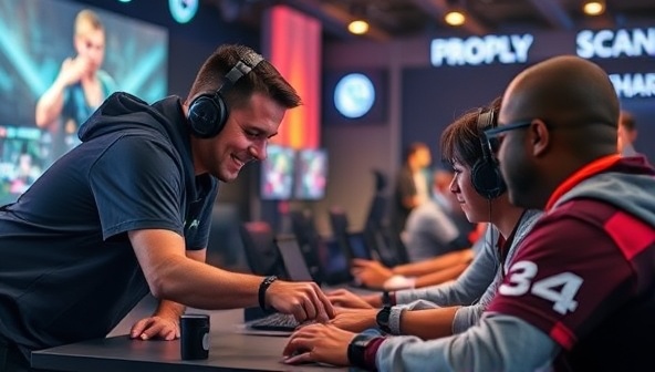 An eSports coach guiding a group of gamers through a strategic gameplay session, with a high-energy atmosphere and intense focus on skill improvement, illustrating the dynamic and engaging coaching experience provided by ProPlay.