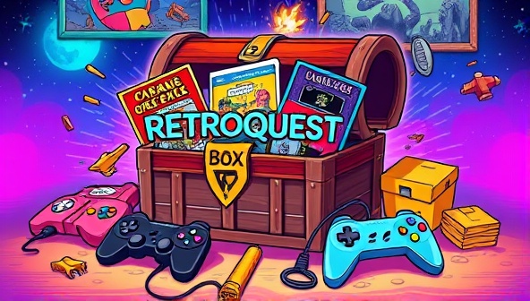 A vibrant and colorful illustration of a treasure chest overflowing with retro gaming memorabilia, including game cartridges, controllers, and nostalgic posters, evoking feelings of excitement and nostalgia for the RetroQuest Box subscription experience.