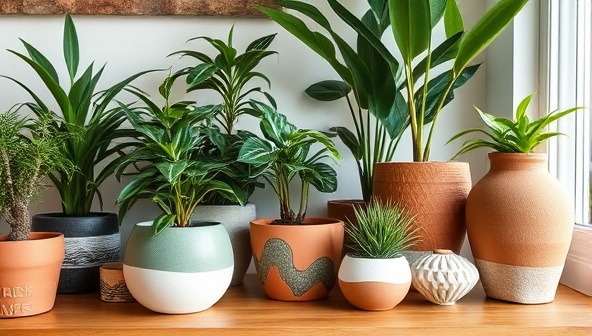 A serene indoor plant display with a variety of custom plant pottery pieces, including painted ceramic pots, engraved terracotta planters, and textured clay vases, showcasing a harmonious blend of greenery and artistry in a cozy home setting, inspiring creativity and plant decor customization.