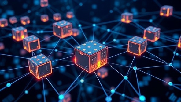An interconnected network of digital blocks forming a web-like structure, symbolizing the decentralized nature of the marketplace and the secure transactions facilitated by blockchain technology, showcasing innovation and trust in the digital economy.