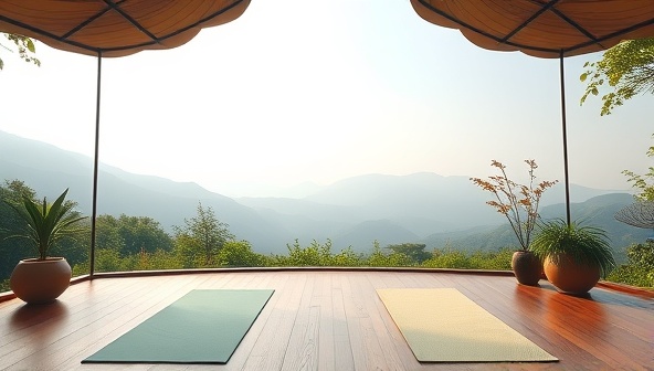 An immersive virtual retreat setting with serene nature scenes, calming music, and yoga mats laid out for a tranquil wellness experience, conveying a sense of relaxation and mindfulness.