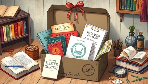 An artistic depiction of a literary subscription box filled with books, writing journals, themed merchandise, and a personalized letter, surrounded by cozy reading nooks and creative paraphernalia, evoking a sense of literary discovery and inspiration.
