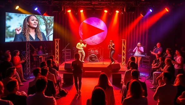 A vibrant virtual talent showcase featuring diverse performers, musicians, and artists showcasing their talents in a dynamic online performance setting, with virtual audience engagement, interactive features, and a lively atmosphere that captures the excitement and energy of TalentSpot's virtual talent booking platform.