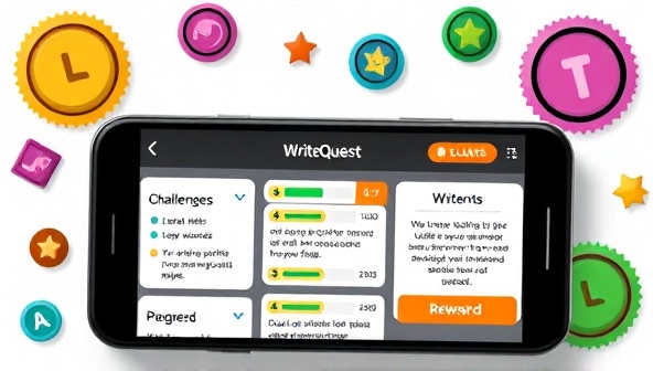 An interactive mobile screen displaying the WriteQuest app interface with writing challenges, progress bars, and reward notifications, surrounded by vibrant game elements like badges, levels, and virtual writing achievements, inspiring users to embark on a writing adventure and boost their productivity.