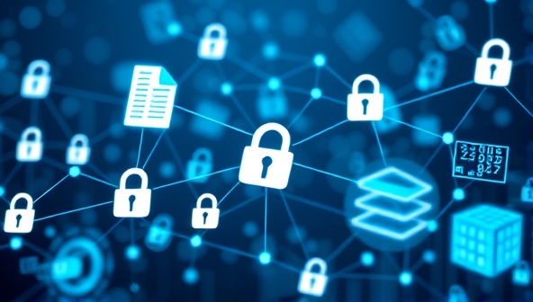 An abstract representation of a digital blockchain network with interconnected tax documents, padlocks, and financial data blocks, symbolizing transparency, security, and efficiency in tax compliance processes.