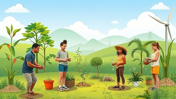 An eco-friendly digital landscape featuring diverse individuals engaging in sustainable living practices, such as recycling, composting, and using renewable energy sources, with virtual workshops showcasing green technologies and eco-friendly solutions at EcoLifeAcademy, promoting a harmonious coexistence with nature and a sustainable future for all.