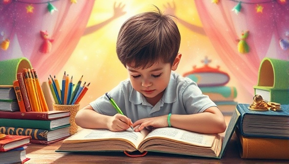 An enchanting image featuring a child immersed in creative writing, surrounded by colorful writing materials, whimsical storybooks, and a magical storytelling ambiance, evoking the joy and imagination of young writers engaged in storytelling adventures.