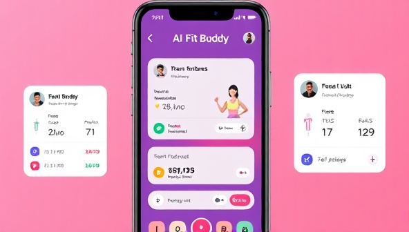 An AI fitness coach avatar interacting with a user on the app interface, displaying workout recommendations, progress tracking metrics, and motivational messages, illustrating the personalized and interactive nature of the AI Fit Buddy fitness coaching experience.