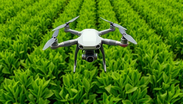 Aerial view of a lush green farm field with a drone flying overhead, capturing detailed images of the crops below, highlighting the advanced technology and precision offered by AeroScan AgriTech.