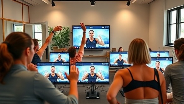 An energetic virtual fitness challenge session with participants following a trainer's routine on their screens, displaying enthusiasm and dedication to health and fitness, fostering a sense of community and motivation.