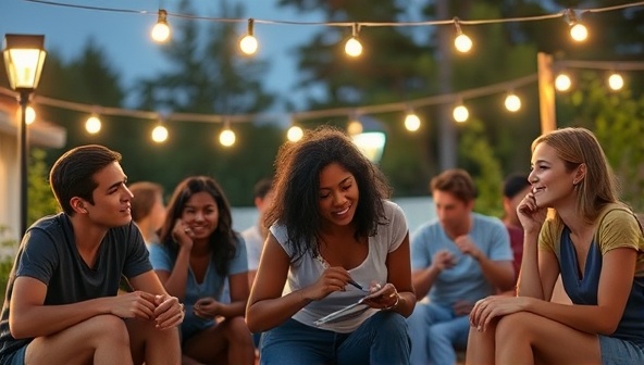 A diverse group of people enjoying outdoor activities under solar-powered lights, showcasing the eco-friendly and practical aspects of the subscription service.