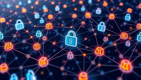 An intricate blockchain network visual with interconnected blocks representing secure financial transactions and data verification, symbolizing trust, transparency, and security.