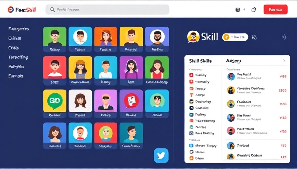 An interactive online platform interface displaying a variety of skill categories with vibrant icons, user profiles with skill badges, and a chat feature for connecting with other members, illustrating the diverse and engaging skill-sharing opportunities on the platform.
