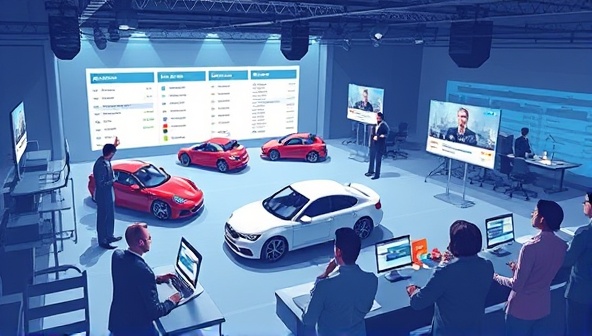 An immersive digital illustration showcasing a virtual car auction event with users participating in live bidding, viewing vehicle listings, and interacting with auctioneers through video streams, creating an engaging and dynamic online auction experience for automotive enthusiasts.