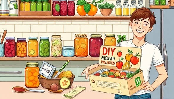 An artistic illustration of a kitchen counter filled with colorful jars of preserved fruits, vegetables, and herbs, a DIY food preservation kit box open with tools and instructions spilling out, and a happy individual showcasing their homemade preserves, conveying a sense of creativity and sustainability.
