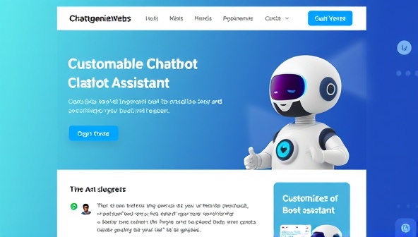An engaging visual representation of a website with a customizable chatbot assistant interacting with users, providing helpful tips and product suggestions, showcasing the personalized and interactive nature of ChatGenieWeb's chatbot web assistants.