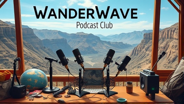 An artistic depiction of a podcast studio set in a remote and adventurous location, featuring microphones, recording equipment, and travel souvenirs, conveying the spirit of exploration and storytelling embodied by WanderWave Podcast Club.