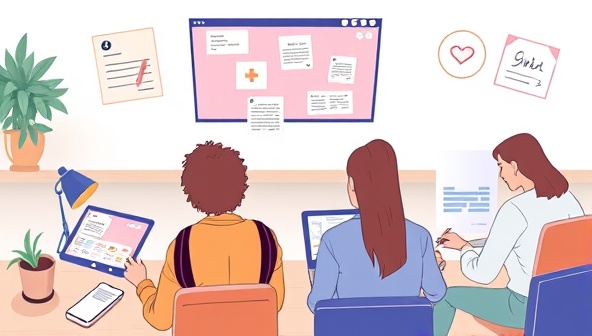 A digital illustration of college students engaging in a virtual study group session on laptops and tablets, with shared notes, study materials, and collaborative tools visible on the screens, depicting a dynamic and interactive learning environment fostered by StudyHub Connect.