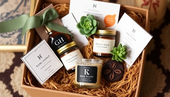 An elegant gift box overflowing with curated items such as artisanal chocolates, scented candles, personalized stationery, and a small succulent plant, exuding luxury and thoughtfulness.