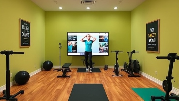 A virtual fitness studio setup with a fitness coach conducting an interactive workout session on a screen, fitness equipment around the room, and motivational posters on the walls, conveying the energetic and supportive environment of FitVirtuo Coach's virtual fitness coaching platform.