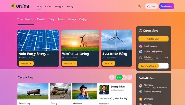 A vibrant online learning platform interface displaying course modules on solar energy, wind power, and sustainable living, interactive quizzes, and a community forum for learners to discuss and share insights, conveying a dynamic and engaging educational experience.