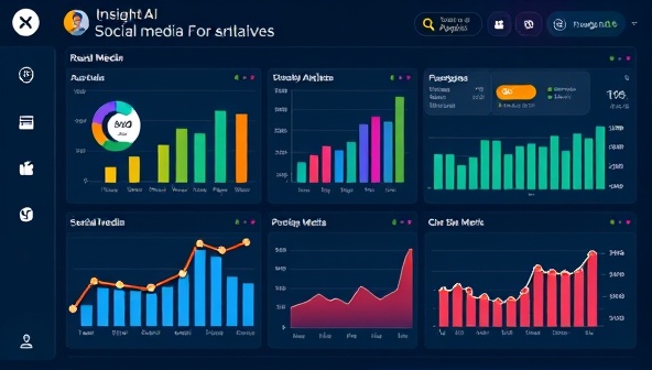 An AI-powered social media dashboard displaying real-time analytics and performance metrics for different social media platforms, with interactive data visualizations and actionable insights, showcasing the data-driven approach of InsightAI's analytics services.