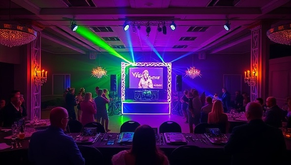 An event venue showcasing a personalized DJ setup with customizable lighting effects, a DJ booth with a diverse selection of music records, and a crowd of guests dancing and enjoying the immersive audiovisual experience created by VibeCraft Events.