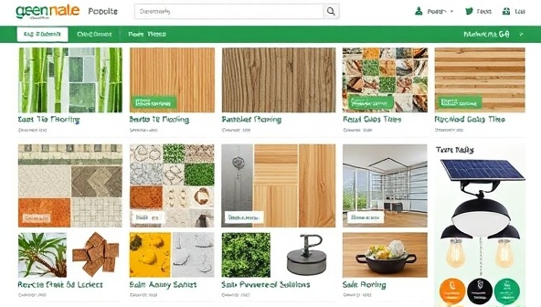 An array of sustainable construction materials displayed in an online marketplace interface, showcasing eco-friendly options like bamboo flooring, recycled glass tiles, and solar-powered lighting solutions, highlighting the diversity of green building products available.