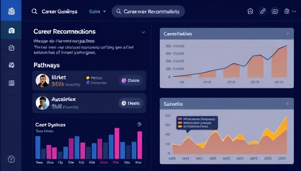 An AI interface displaying career recommendations and pathways for users, with interactive charts and visualizations illustrating market trends and skill requirements, showcasing the platform's data-driven approach to career guidance.