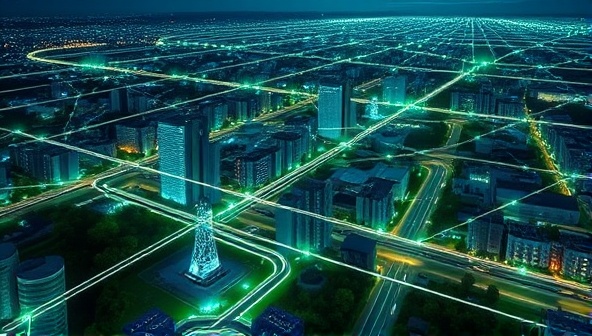 A digital cityscape with interconnected lines representing a smart grid network, illuminated by energy-efficient lights and surrounded by green spaces, symbolizing the integration of technology for sustainable energy distribution.