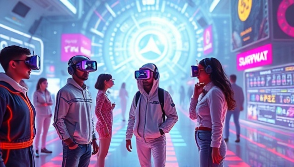 A futuristic digital landscape with virtual avatars representing various brands, interacting in a virtual world filled with vibrant colors and high-tech visuals, showcasing the potential of virtual influencer marketing.