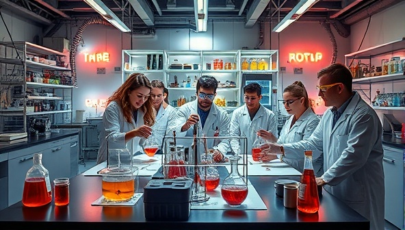 A futuristic food lab setup with scientific equipment, colorful ingredients, and enthusiastic participants donning lab coats and safety goggles, engaging in culinary experiments and hands-on gastronomic discoveries, evoking a sense of wonder, playfulness, and exploration in a high-tech culinary environment.
