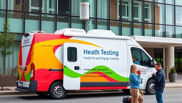 An image of a vibrant mobile health testing van parked outside a bustling office building, with a healthcare professional assisting individuals with health screenings, showcasing convenience and proactive health management.