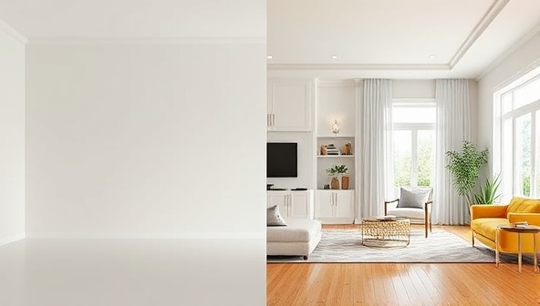 A split-screen image showing a plain room on one side and a vibrant, well-furnished room visualization on the other, highlighting the transformative power of virtual interior design.