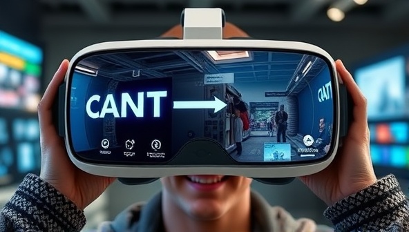 An engaging VR headset displaying a virtual reality world with branded elements and interactive features, showcasing the potential for immersive marketing experiences in a digital environment.